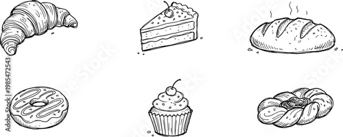 Sketch of assorted pastries croissants cake slice bread and sweet treats in black and white