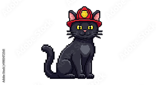 Pixel Art Black Cat Wearing Firefighter Helmet.