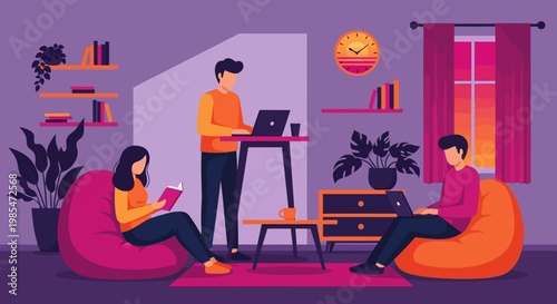 People working and studying in a cozy living room.