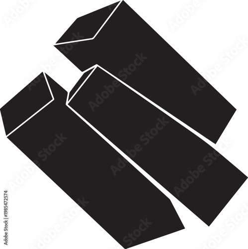 Dynamic abstract composition featuring three sleek, elongated rectangular prisms arranged in a striking black and white geometric pattern with a modern, minimalist aesthetic