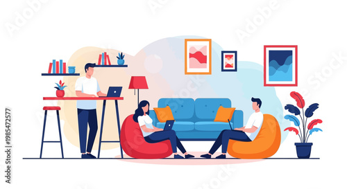 People working and relaxing in a modern coworking space.