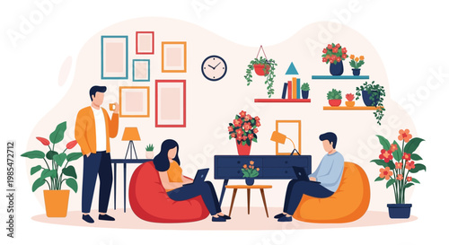 People working and relaxing in a modern coworking space.