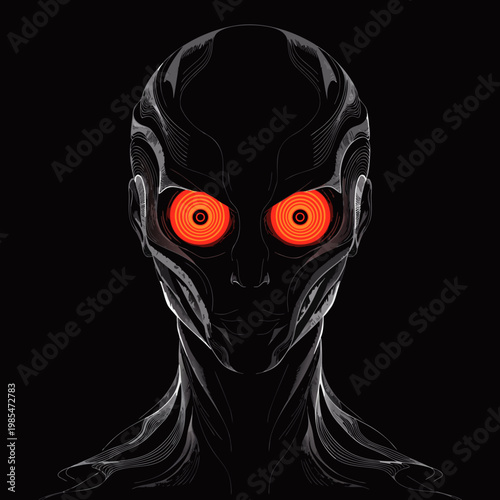 Futuristic cyborg head with glowing red eyes, metallic black robot face vector illustration, sci-fi android character portrait for gaming