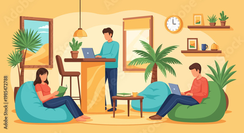 People working remotely in a comfortable home office environment.