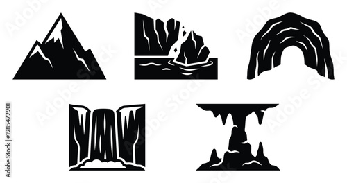 Collection of distinctive black and white nature icons representing a majestic mountain, dramatic sea cliffs, mysterious cave entrance, powerful waterfall, and subterranean grotto for