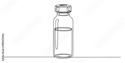 A single continuous line drawing of a clear glass medical vial filled with liquid and capped, perfect for healthcare, science, pharmacy, and minimalist design projects requiring a clean,