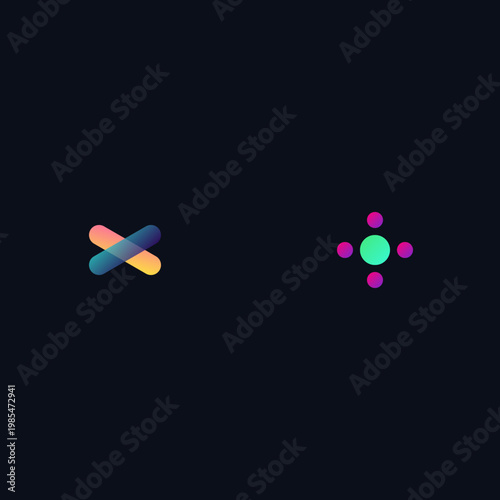 Two abstract corporate tech icons featuring colorful crossed capsules and radial dot pattern graphic illustration