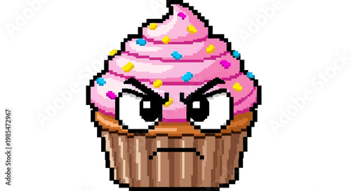 Pixel Art Angry Cupcake Character with Pink Frosting.