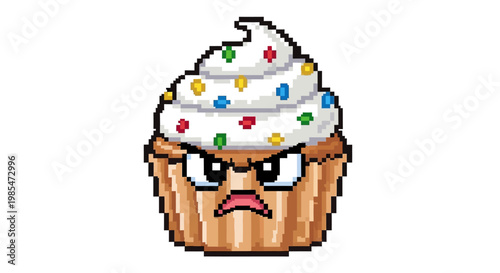 Pixel Art Angry Cupcake with Sprinkles and Frosting.