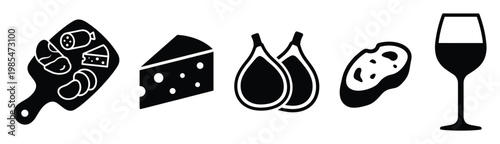Appetizer charcuterie board and wine glass icons for restaurant menus, food packaging, culinary blogs, and gourmet event invitations