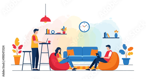 People working and relaxing in a modern co-working space.