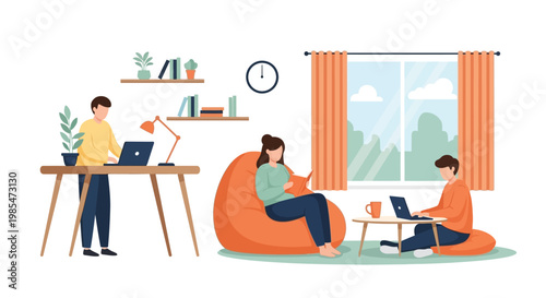 People working remotely in a comfortable home office setting.