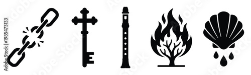 Set of various profound symbolic black glyphs including a shattered chain, elaborate ecclesiastical key, woodwind flute, miraculous burning tree, and baptismal shell for historical and