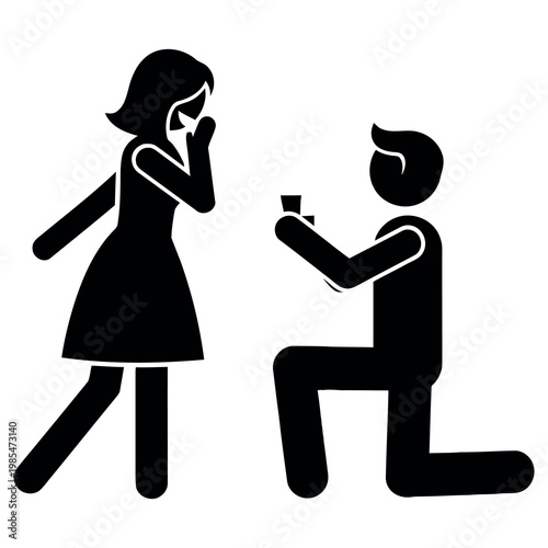 Man Kneeling Proposing Marriage to Woman Holding Engagement Ring Icon Simple Black Silhouette