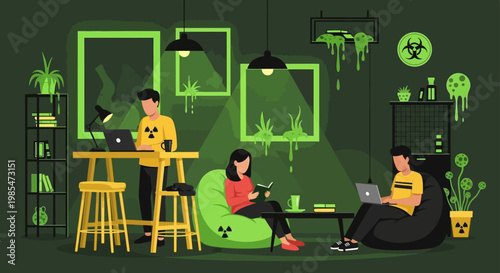 People working in a modern office with biohazard symbols.