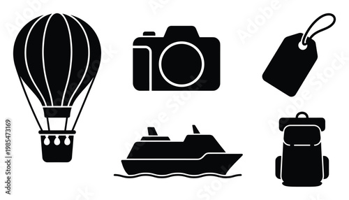 Versatile travel and tourism essential icons featuring adventure transportation, photography, and luggage symbols ideal for digital media, marketing campaigns, and vacation planning.