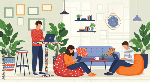 People working remotely in a cozy coworking space.