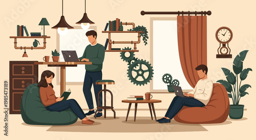 People working remotely in a cozy coworking space.