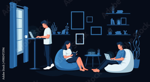 People working and studying in a modern home environment.