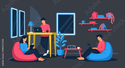 People working and studying in a modern co-working space.