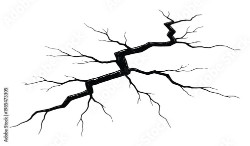 Detailed black spreading fracture with jagged edges and numerous branching lines, perfect for graphic overlays, destructive impact effects, and texture applications