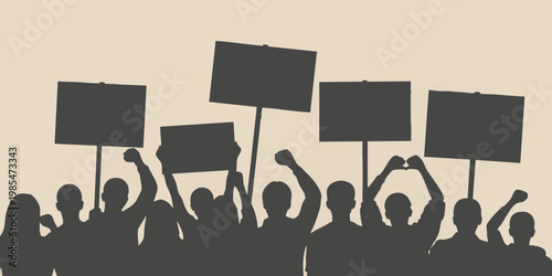 People protest with raised hands holding blank signs outdoors
