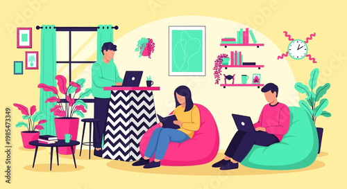 People working remotely in a cozy home environment.