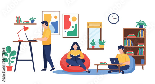 People working and studying in a modern home office environment.