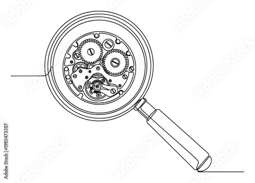 Continuous line drawing of a magnifying glass revealing the intricate inner workings of a clock mechanism, symbolizing precision, examination, and analytical processes for technology,