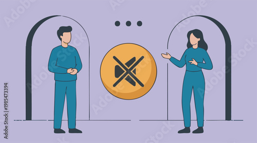 Communication barrier with mute icon between two people illustration