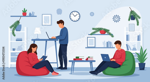 People working and studying in a modern home office environment.