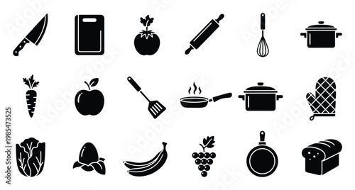Collection of essential kitchen equipment and fresh food ingredients perfect for culinary themed presentations, recipe blogs, cooking class materials, and healthy eating advertisements.