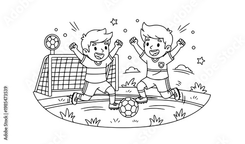 Future football players kids coloring page with two boys playing soccer and celebrating outline vector