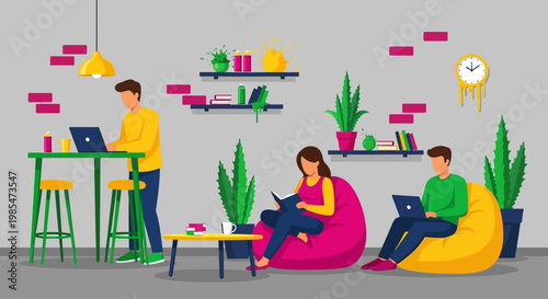 People working and studying in a modern coworking space.