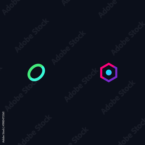 Minimalist corporate technology icons featuring a green oval swirl and gradient purple hollow hexagon illustration