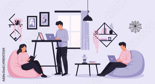 People working and studying in a modern home office setting.