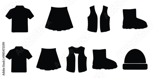 Various apparel silhouettes including tshirts, skirts, vests, boots, and a beanie, perfect for fashion related projects and wardrobe planning applications
