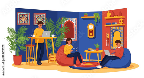 People working and relaxing in a modern co-working space.