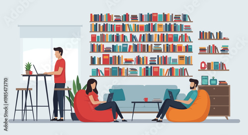 People working and studying in a modern library setting.