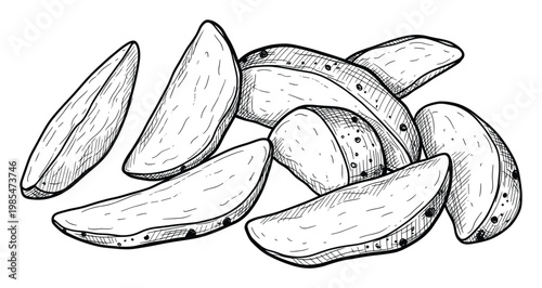 Detailed black and white sketch of various potato wedges, perfect for culinary publications and rustic food themed graphic projects