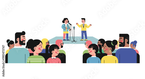 People listening to speakers on stage.