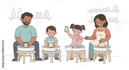 Family working on pottery together.