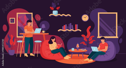 People working and relaxing in a modern co-working space.