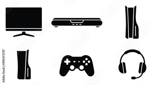 Collection of gaming equipment icons including monitor, modern consoles, controller, and headset for video game related content and digital media applications