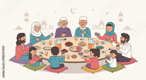 Muslim family gathering for iftar meal.
