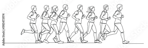 Continuous line art of diverse runners demonstrating teamwork and dedication in a group marathon or fitness event ideal for health and wellness promotions