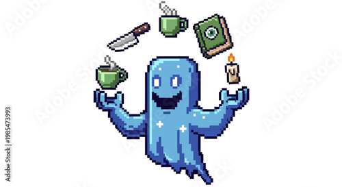 Pixel Art Ghost Juggling Various Objects Mysteriously.