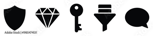 Black glyph vector icons showing shield, diamond, key, funnel, and speech bubble, suitable for symbolizing protection, value, access, data filtering, and communication in modern digital