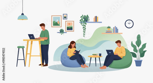 People working and studying in a modern co-working space.