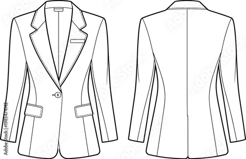 Women Long Sleeve Formal Suit Blazer Front and Back View Fashion Technical Illustration With Flap Pockets and Lapel Details Isolated on White Background Vector